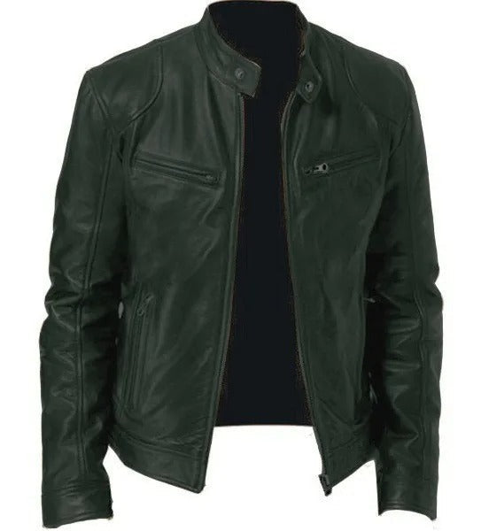 Veste en cuir noir pour homme, style motard, avec fermeture éclair, col montant et poches zippées. Mode masculine, blouson tendance.