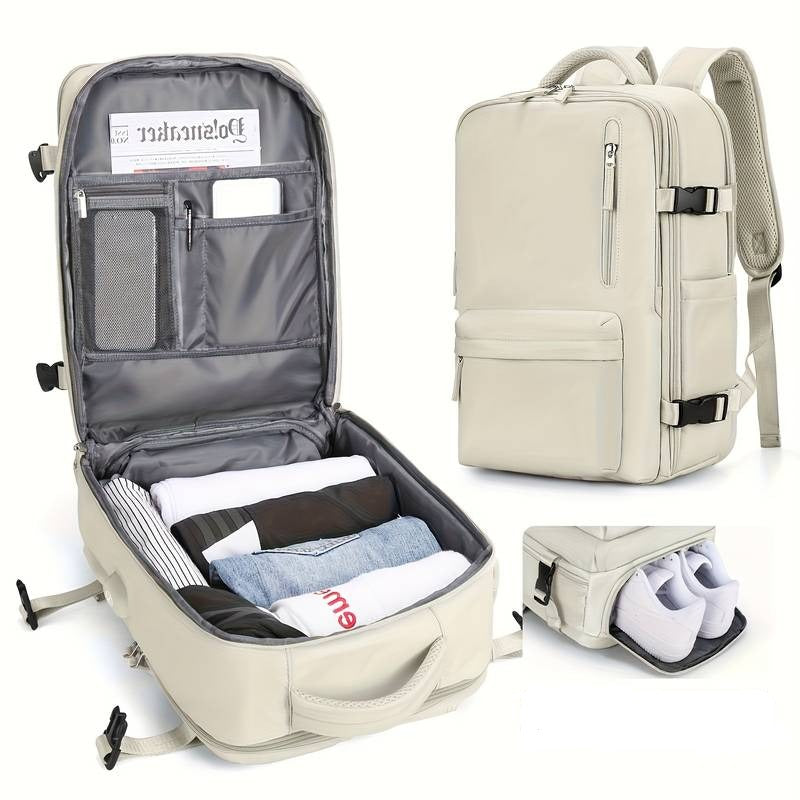 Sac à dos beige multifonction avec compartiments pour vêtements, chaussures et documents, idéal pour voyage et travail, design moderne et pratique.