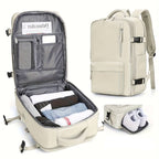 Sac à dos beige multifonction avec compartiments pour vêtements, chaussures et documents, idéal pour voyage et travail, design moderne et pratique.