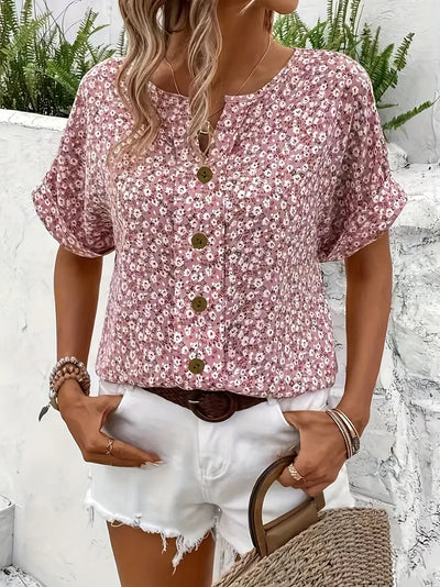 Blusa floral de manga corta con botones para mujer