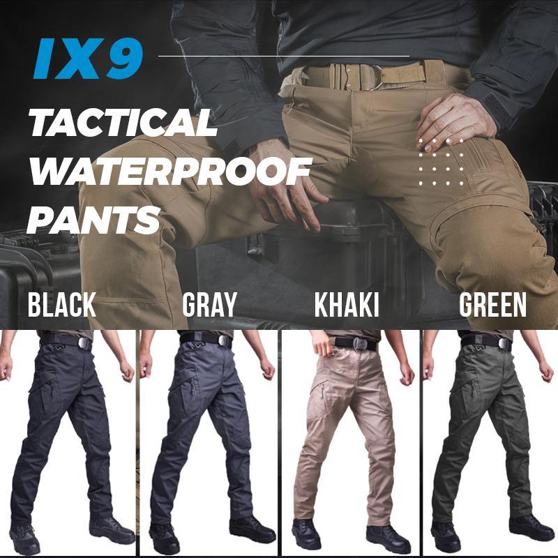 Pantalons tactiques IX9 imperméables pour hommes, disponibles en noir, gris, kaki et vert. Conception robuste, idéale pour activités extérieures.