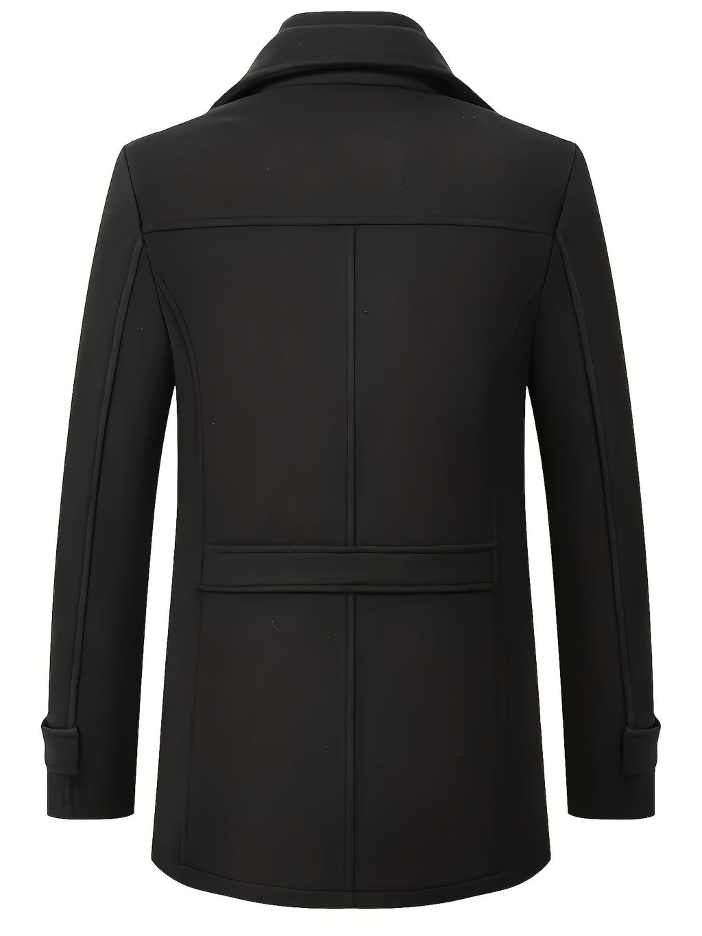 Manteau noir élégant pour homme, vue arrière, style classique, col à revers, manches longues, idéal pour l'hiver et les occasions formelles.