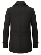 Manteau noir élégant pour homme, vue arrière, style classique, col à revers, manches longues, idéal pour l'hiver et les occasions formelles.