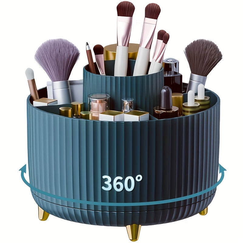 Organisateur de maquillage rotatif à 360°, bleu, avec pinceaux, rouges à lèvres et produits cosmétiques, design moderne et pratique.