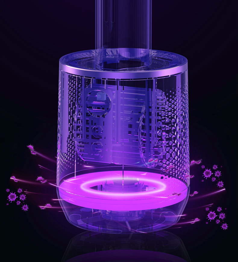 Purificateur d'air violet futuriste avec lumière UV, éliminant les particules et bactéries. Design moderne, technologie avancée, efficacité optimale.