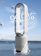 Purificateur d'air moderne sans pales sur fond d'eau, affichant un taux de purification de 99,9 %, bulles flottantes, design élégant et innovant.