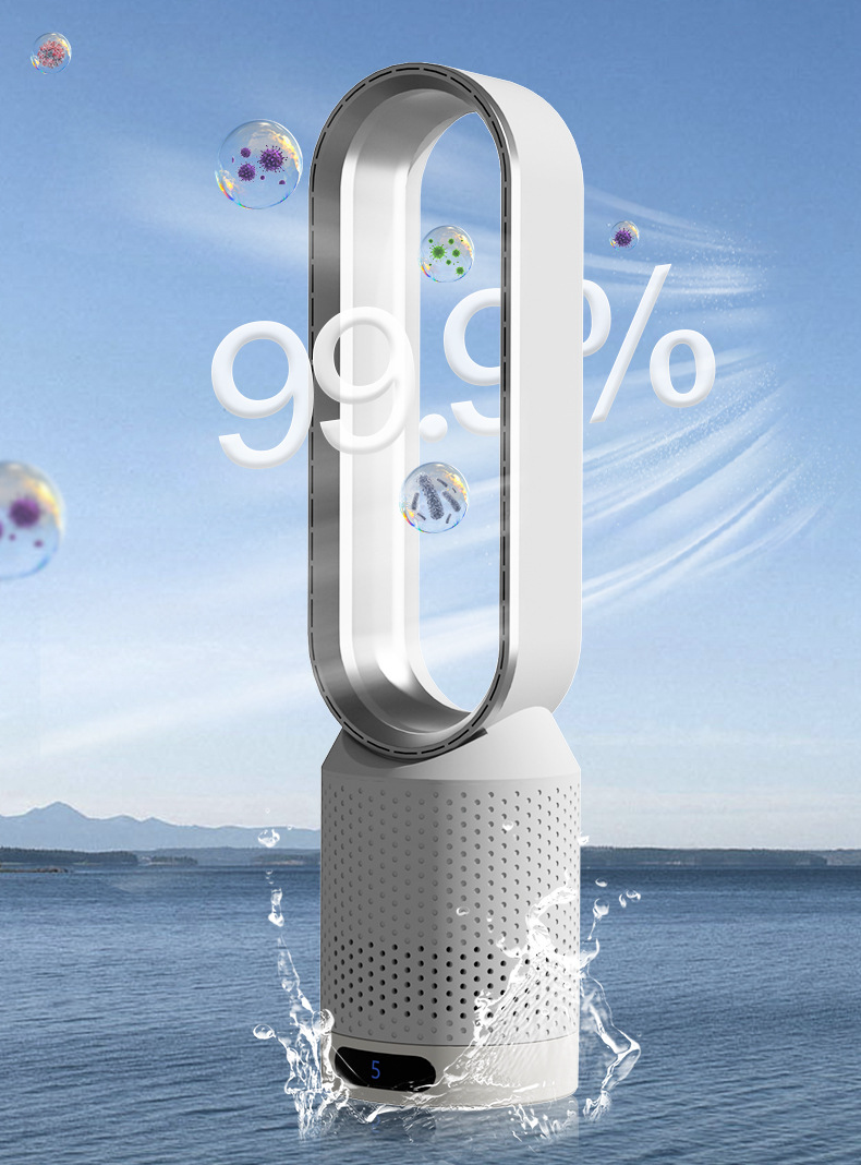 Purificateur d'air moderne sans pales sur fond d'eau, affichant un taux de purification de 99,9 %, bulles flottantes, design élégant et innovant.