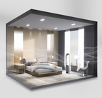 Chambre moderne avec lit double, purificateur d'air design, fauteuil blanc, et grandes fenêtres. Décor élégant et lumineux.