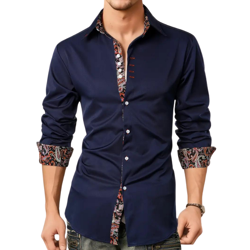 Chemise homme bleu marine à manches longues, col et poignets à motifs, boutons contrastés, style élégant et moderne, mode masculine tendance.