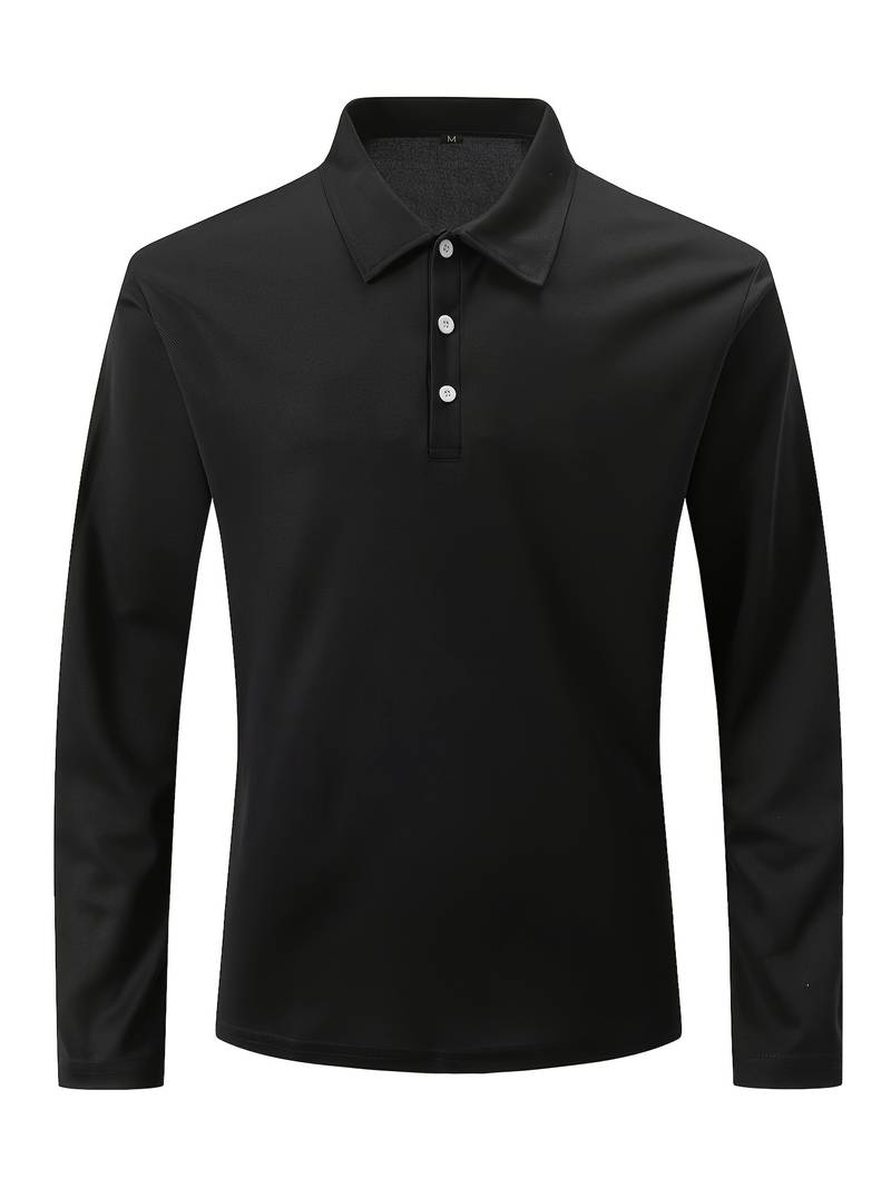 Polo noir à manches longues pour homme, col boutonné, style élégant et moderne, idéal pour tenue décontractée ou professionnelle.