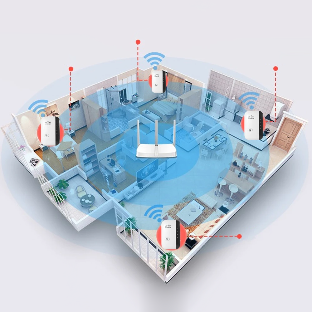 Plan de maison avec routeur Wi-Fi central et répéteurs, illustrant la couverture réseau dans chaque pièce. Optimisation signal sans fil, connectivité.