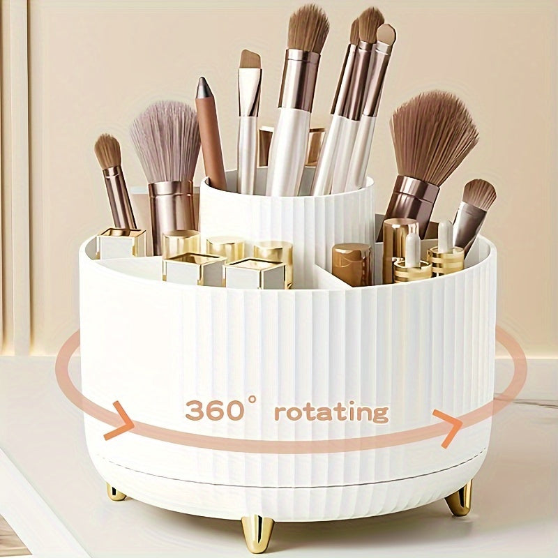 Organisateur de maquillage rotatif à 360°, blanc, avec pinceaux et rouges à lèvres, design moderne, idéal pour rangement cosmétique sur coiffeuse.