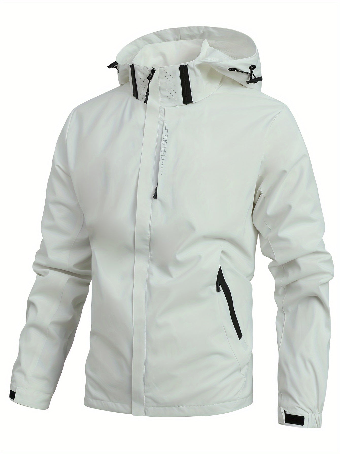 Veste imperméable blanche pour homme avec capuche, fermeture éclair noire, poches zippées. Idéale pour activités extérieures, mode tendance.