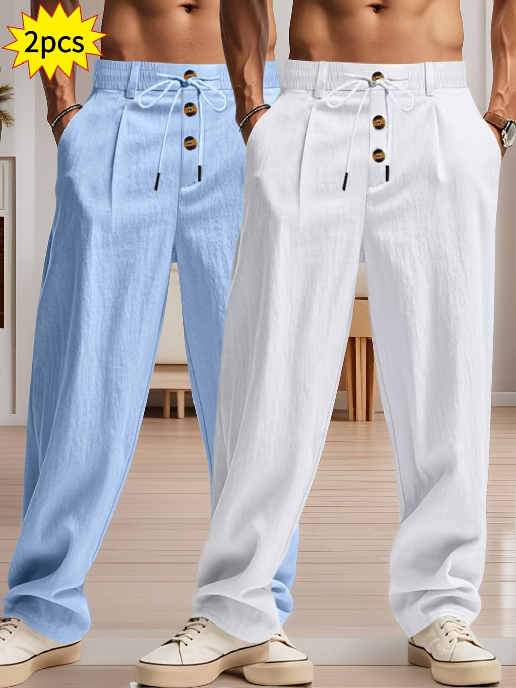 Deux pantalons en lin pour homme, un bleu clair et un blanc, avec cordon de serrage et boutons, posés sur un fond intérieur moderne.