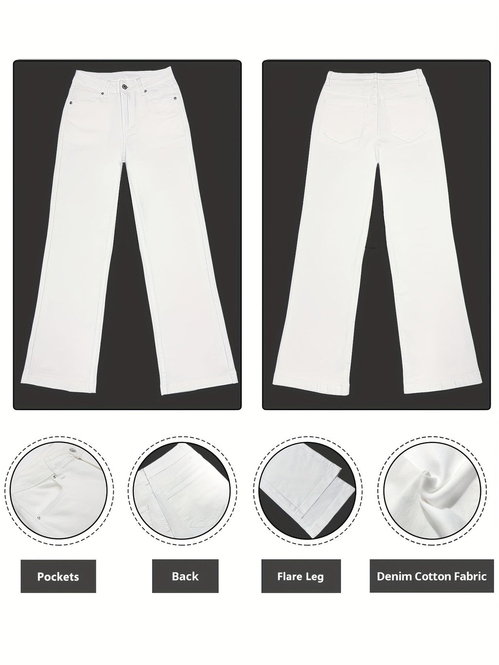 Jean blanc évasé en denim, vue avant et arrière, avec poches, tissu coton, coupe moderne. Mode tendance, pantalon femme élégant.