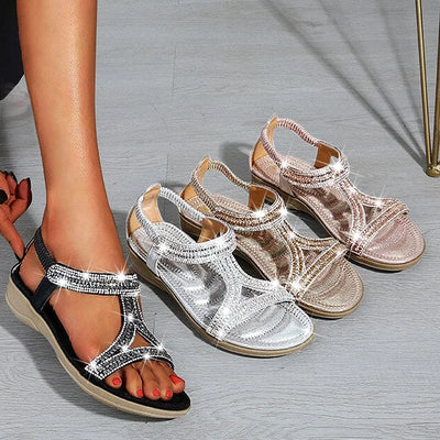 Sandalias triangulares huecas, sandalias de cuña con fondo suave y diamantes de imitación