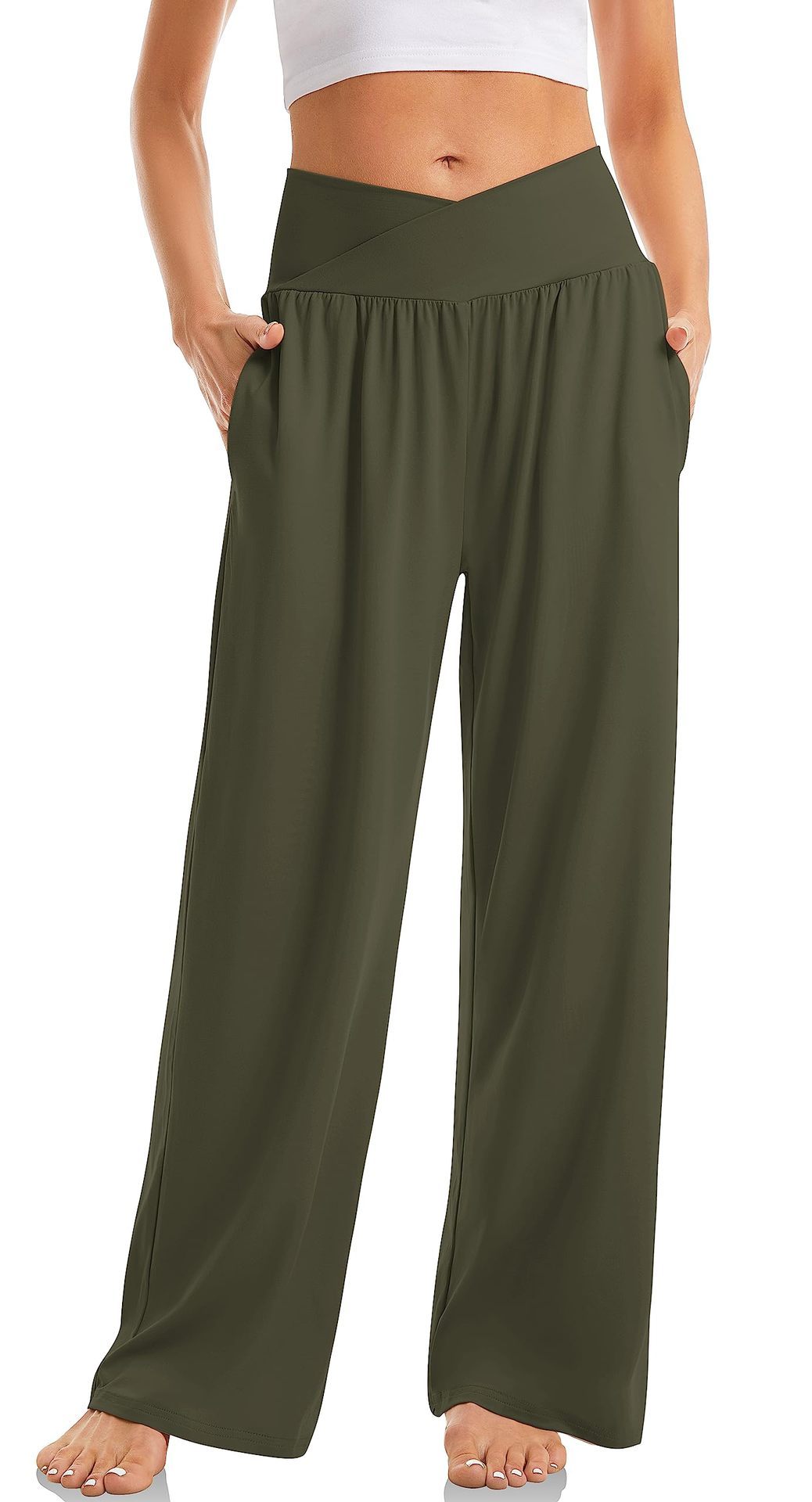 Pantalon large vert olive pour femme, taille haute croisée, poches latérales, style décontracté, idéal pour yoga ou détente.
