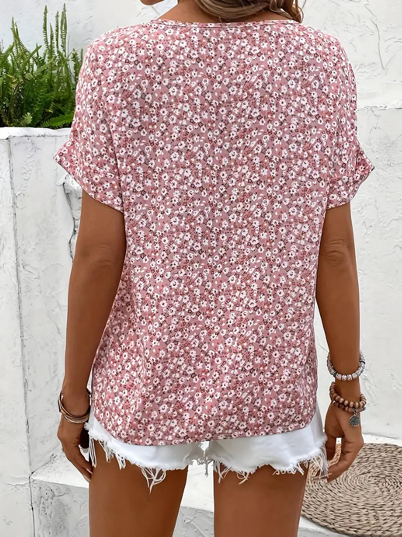 Blusa floral de manga corta con botones para mujer