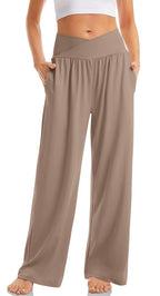 Pantalon large beige taille haute pour femme, style décontracté, avec poches, idéal pour yoga ou détente. Mode féminine confortable.