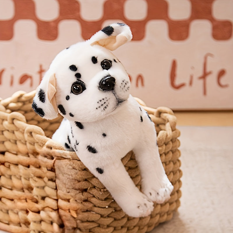 Peluches chien dalmatien dans un panier en osier, jouet doux et mignon pour enfants, décoration chambre, cadeau parfait pour les amoureux des animaux.