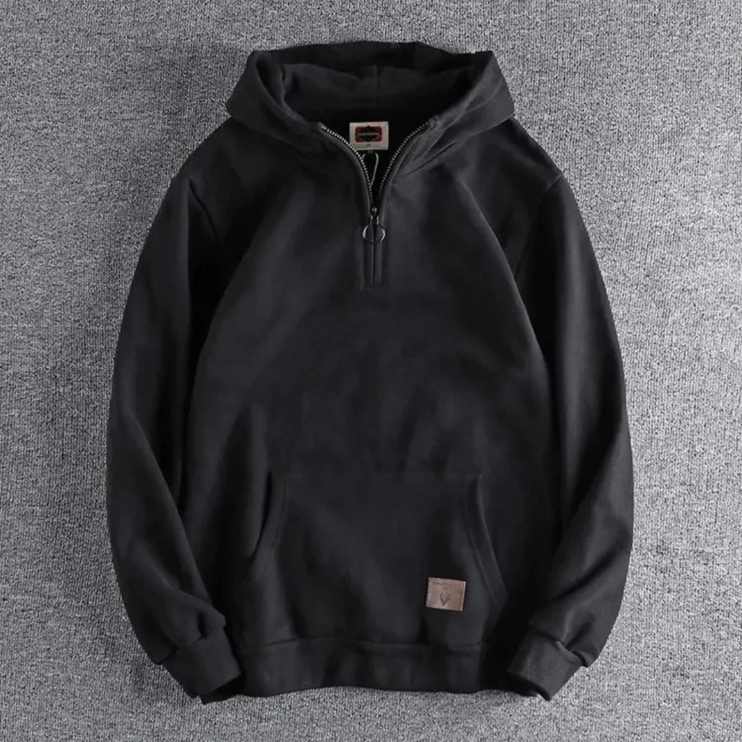 Sweat à capuche noir pour homme, fermeture éclair partielle, poche kangourou, style décontracté, idéal pour l'automne et l'hiver, mode tendance.