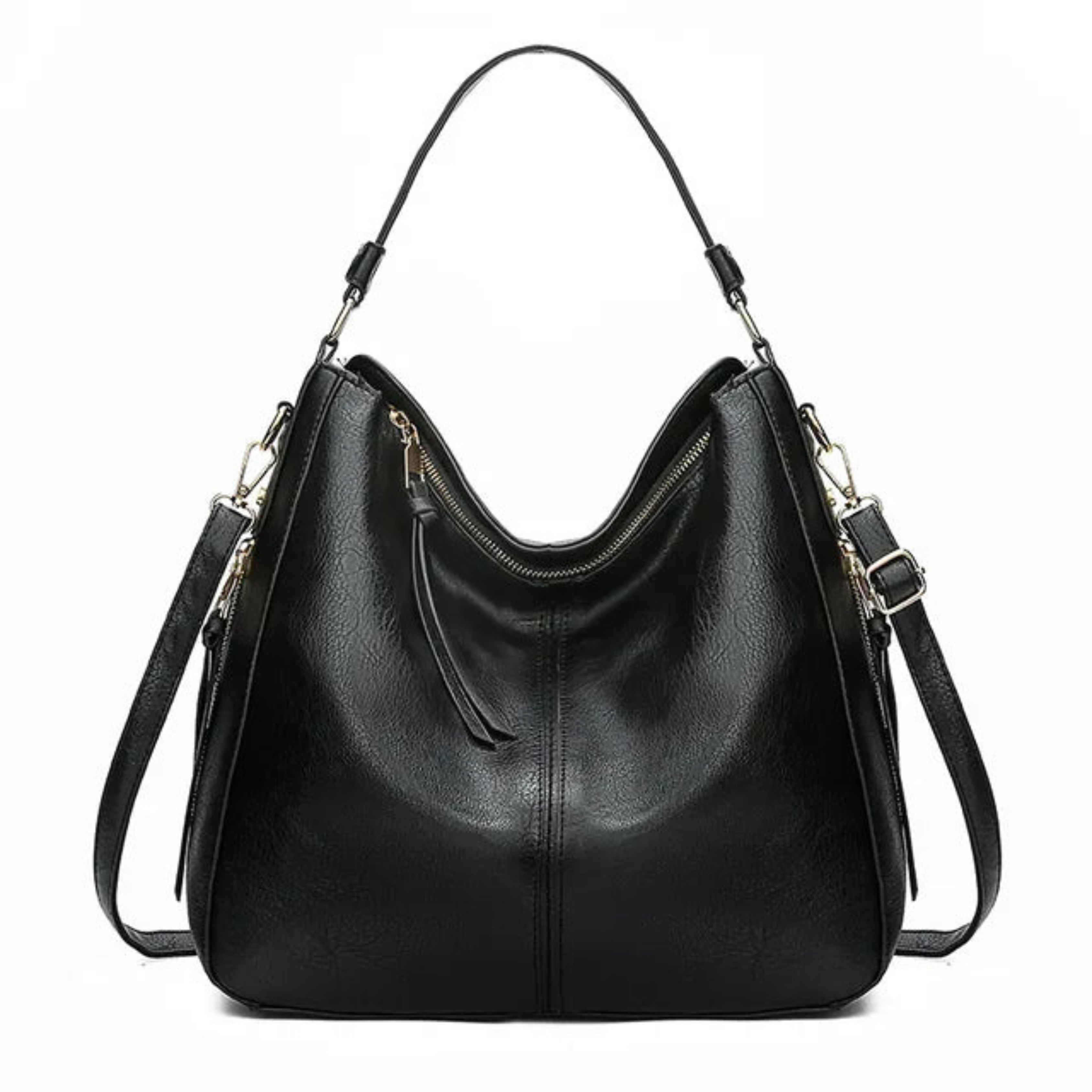 Sac à main noir en cuir élégant avec bandoulière réglable, fermeture éclair dorée et design moderne. Accessoire mode femme chic et pratique.