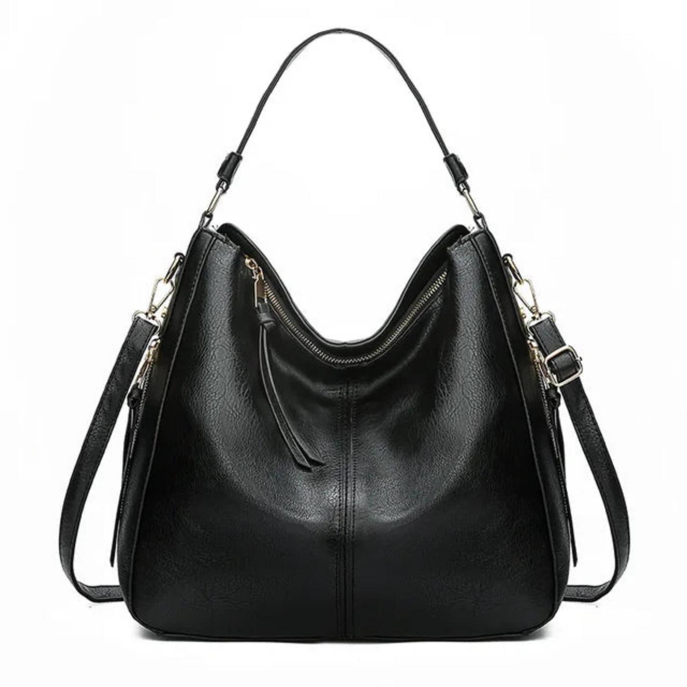 Sac à main noir en cuir élégant avec bandoulière réglable, fermeture éclair dorée et design moderne. Accessoire mode femme chic et pratique.