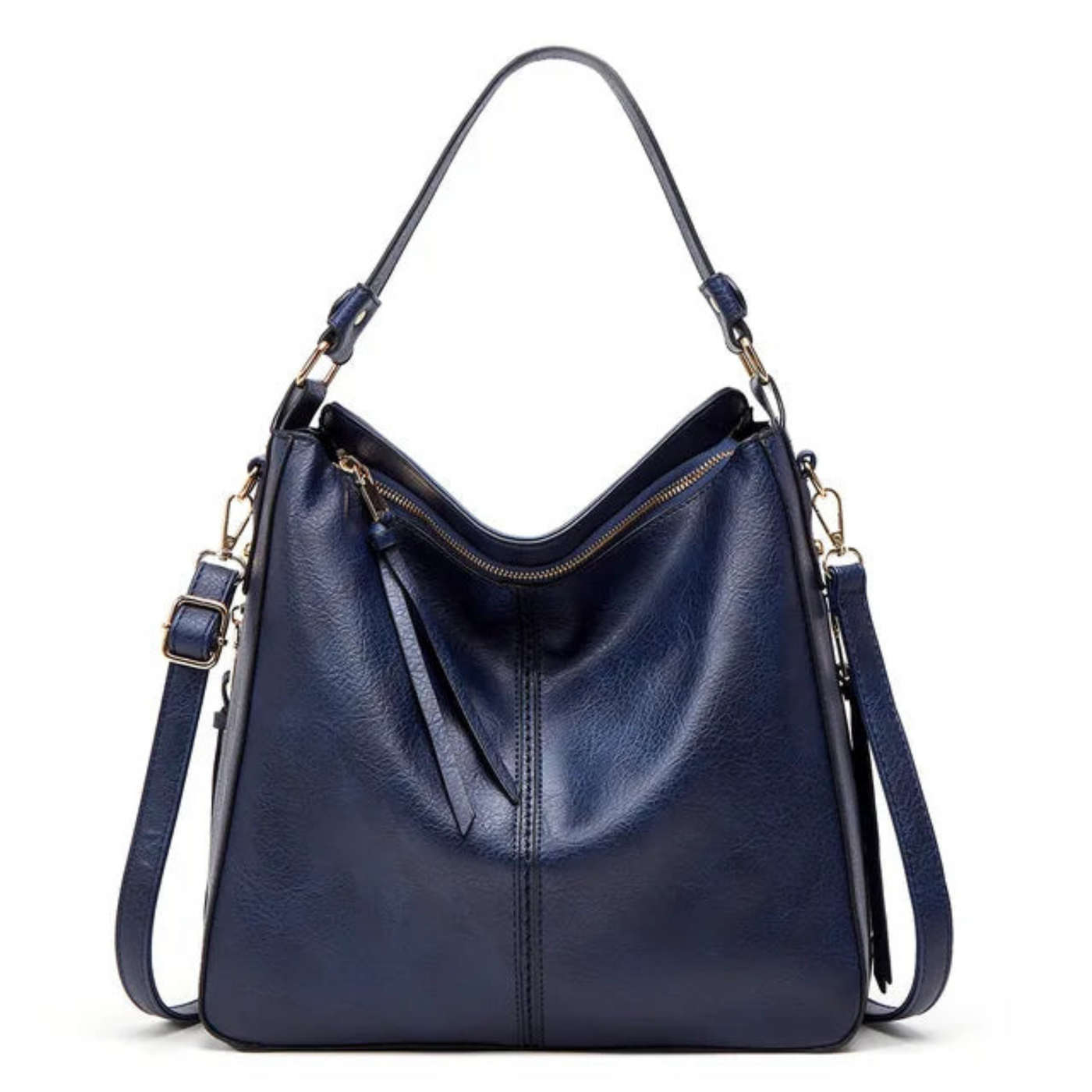 Sac à main en cuir bleu marine élégant avec bandoulière réglable et fermeture éclair dorée, parfait pour un style chic et moderne.
