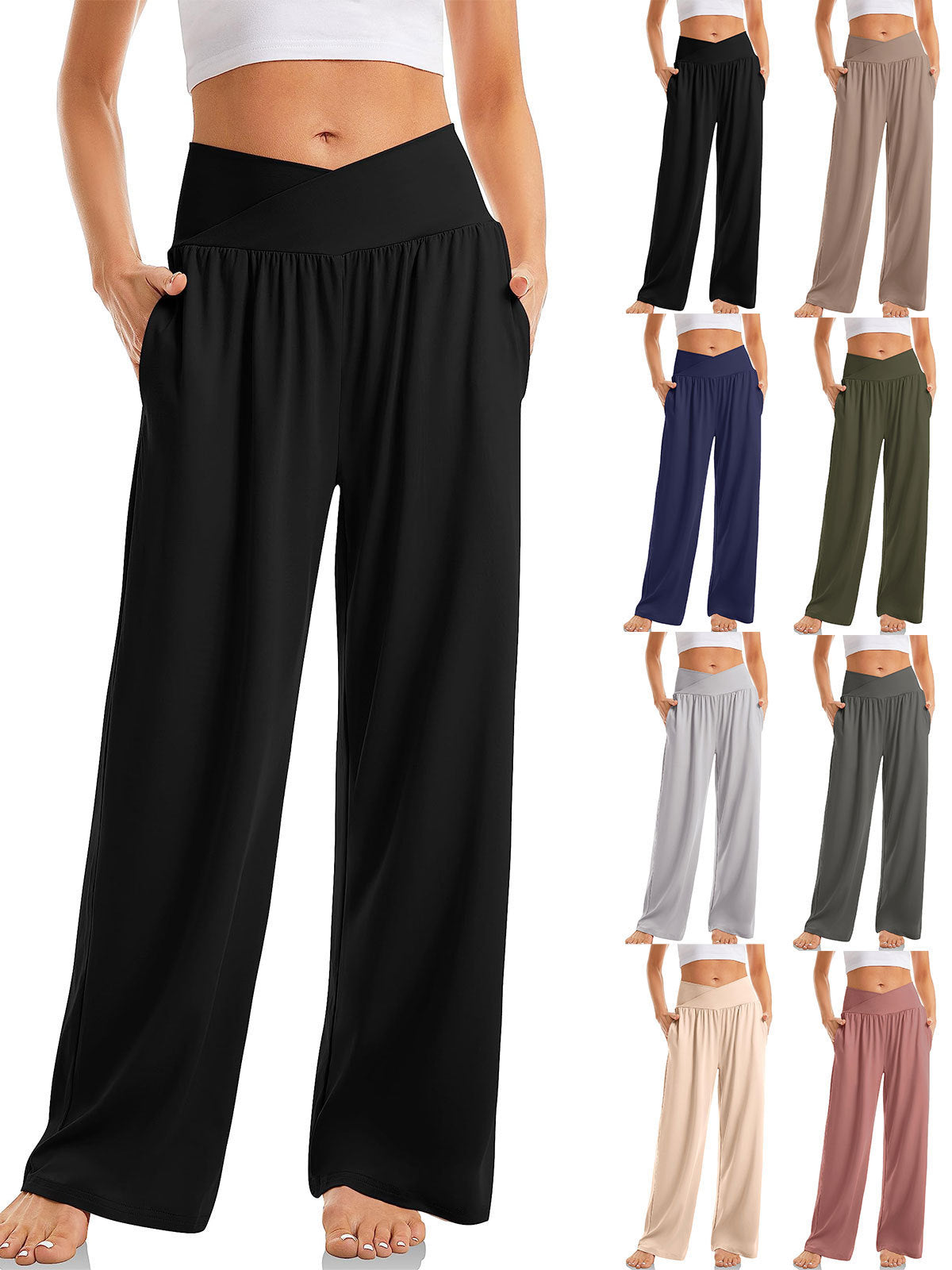 Pantalon large femme taille haute, disponible en plusieurs couleurs, confortable et élégant, idéal pour yoga, détente ou tenue décontractée.