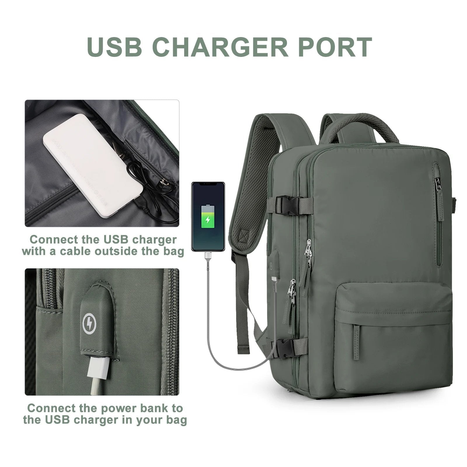 Sac à dos gris avec port de charge USB intégré, poches multiples, idéal pour voyages et travail. Connectivité pratique pour appareils électroniques.