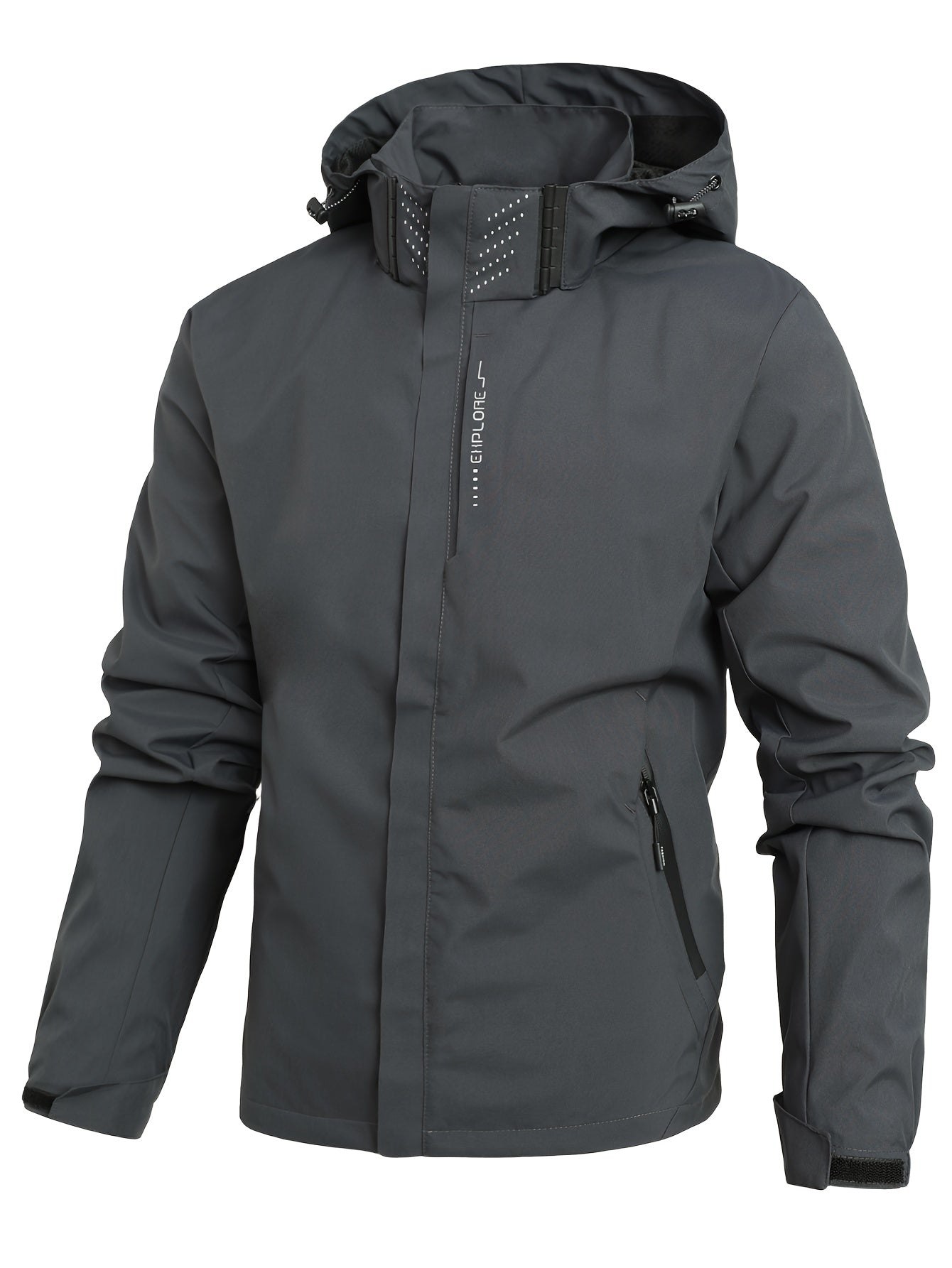 Veste imperméable homme gris foncé avec capuche, fermeture éclair, poches zippées. Idéale pour activités extérieures, randonnée, temps pluvieux.