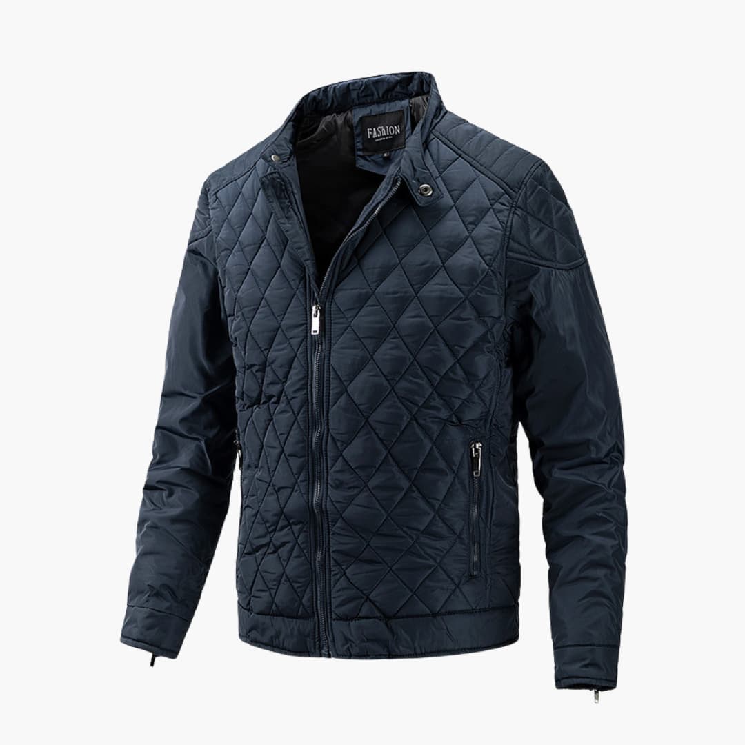 Veste matelassée homme bleu marine, fermeture éclair, col montant, poches zippées. Mode masculine, style élégant et moderne.
