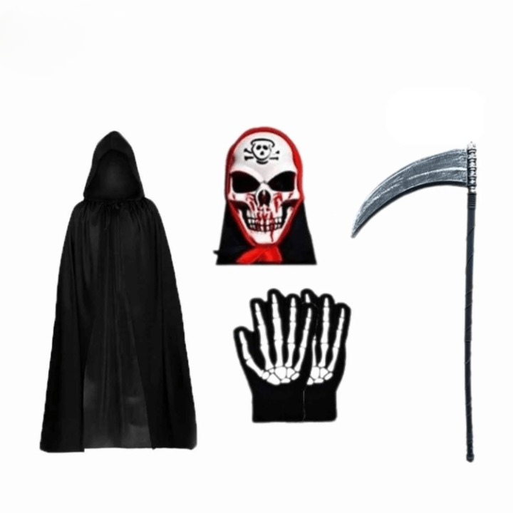Grimora Set | Halloween pelerini aksesuarları, iskelet maskeleri ve orak