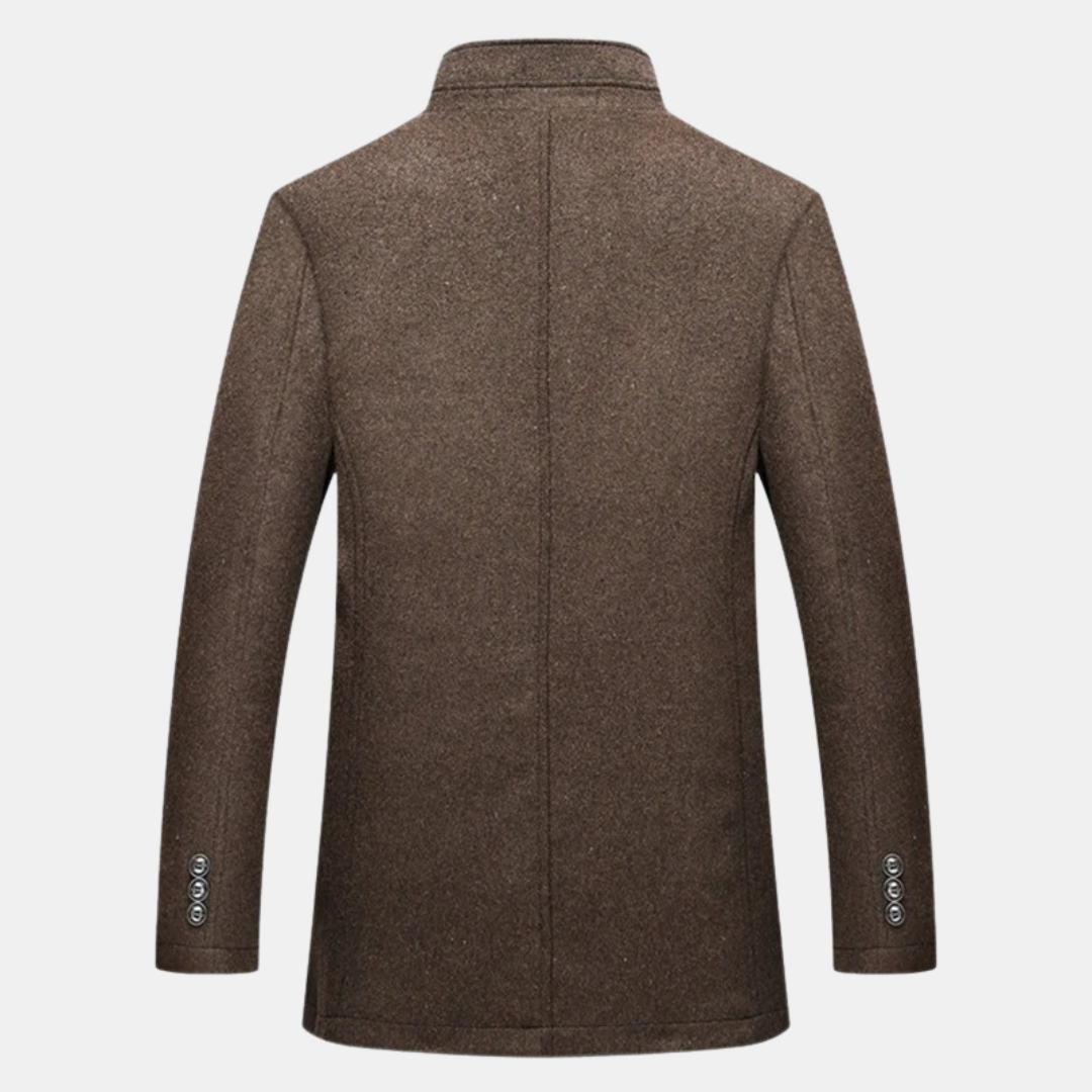 Veste marron en laine pour homme, vue de dos, style élégant et classique, boutons aux manches, idéale pour l'automne et l'hiver.