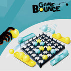 Jeu de société Game Bounce avec grille noire, balles jaunes et bleues, main tenant une balle. Jeu d'adresse et de stratégie pour enfants et adultes.