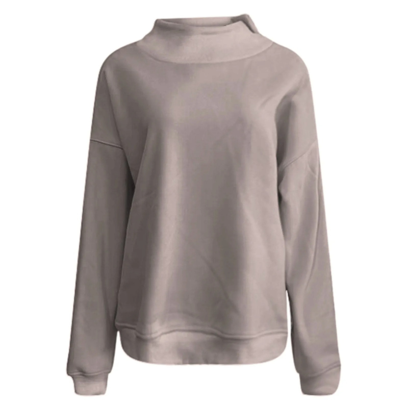 Sweat-shirt gris à col montant, manches longues, style décontracté. Mode automne-hiver, vêtement chaud et confortable pour femmes.