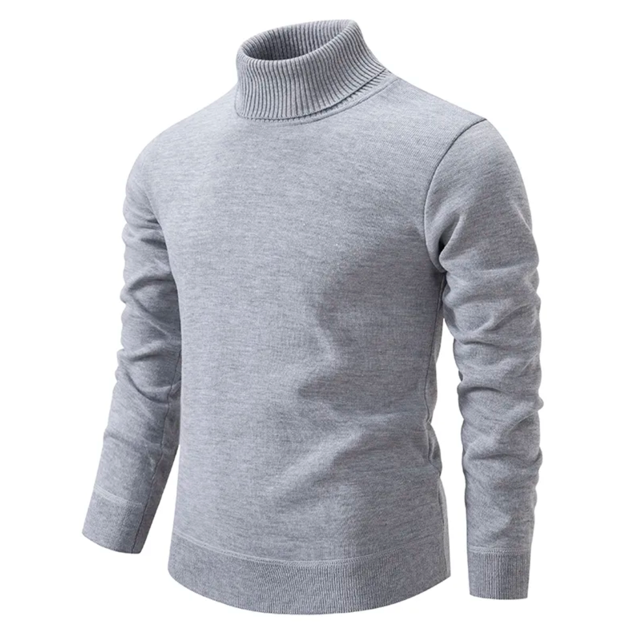 Pull col roulé gris pour homme, manches longues, en laine douce, style élégant et moderne, idéal pour l'hiver et les tenues décontractées.