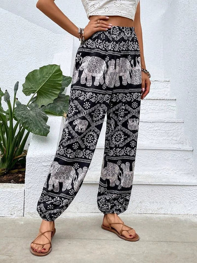 Pantalones harén para mujer - Estampado de elefante bohemio - Corte holgado - Cintura y puños elásticos
