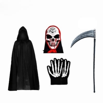 Grimora Set | Halloween pelerini aksesuarları, iskelet maskeleri ve orak