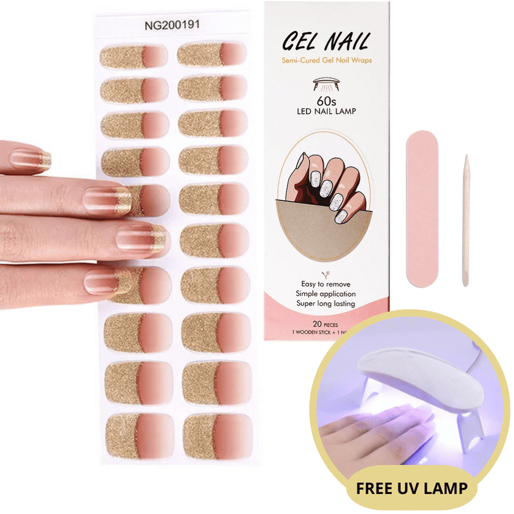 Ongles en gel semi-permanents avec motifs dorés et roses, kit de 20 pièces, lime, bâtonnet en bois, lampe UV gratuite incluse. Application facile.