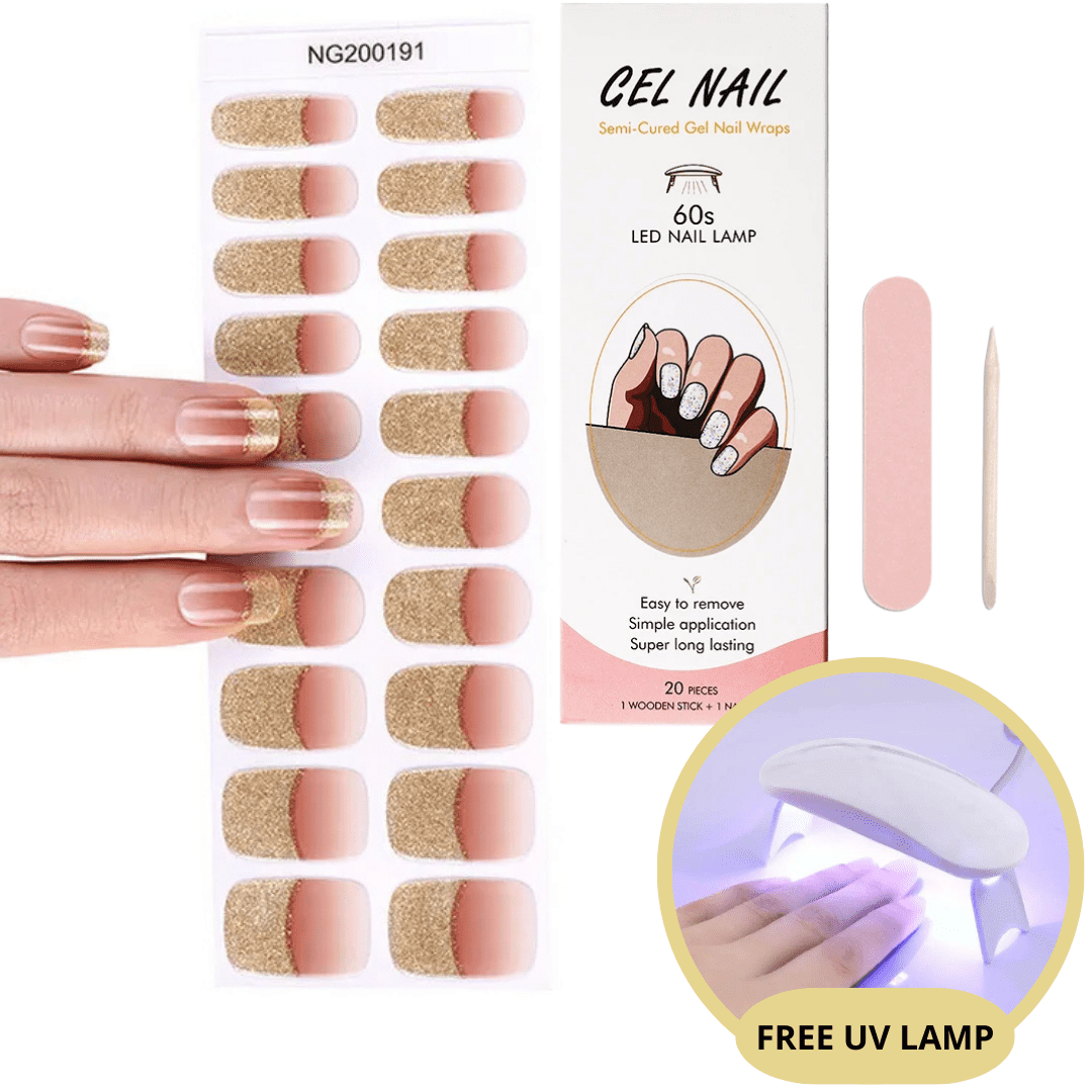 Ongles en gel semi-permanents avec motifs dorés et roses, kit de 20 pièces, lime, bâtonnet en bois, lampe UV gratuite incluse. Application facile.