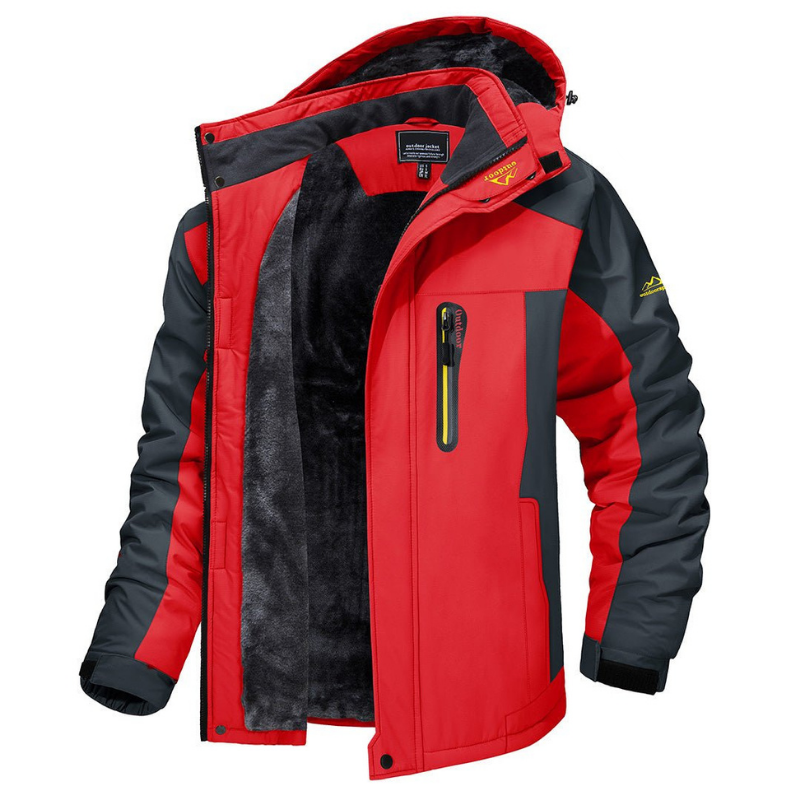 Veste de ski rouge pour homme, imperméable et coupe-vent, avec capuche amovible, doublure polaire, poches zippées, idéale pour sports d'hiver.