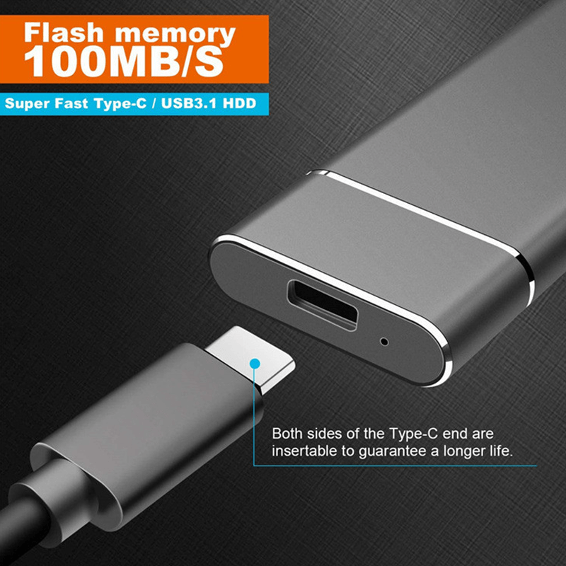 Clé USB Type-C ultra-rapide 100MB/s, mémoire flash, connecteur USB3.1 HDD, design moderne gris, transfert de données haute vitesse.
