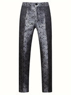 Pantalon homme élégant en jacquard noir et argent, motif floral, coupe ajustée, idéal pour soirées et événements formels.