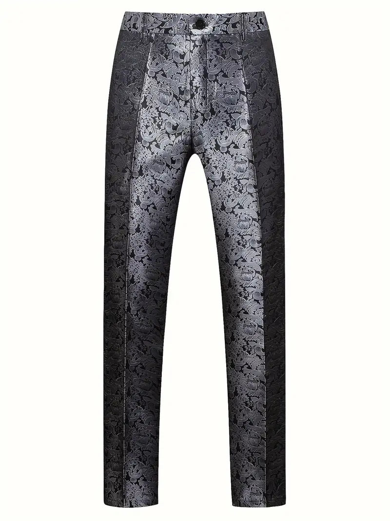 Pantalon homme élégant en jacquard noir et argent, motif floral, coupe ajustée, idéal pour soirées et événements formels.