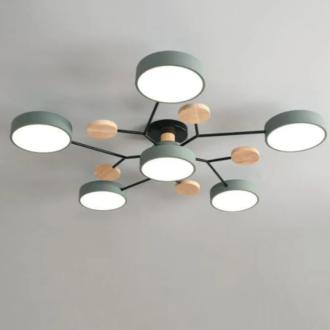 Plafonnier moderne à LED avec six abat-jours circulaires, design minimaliste en métal et bois, éclairage intérieur contemporain.