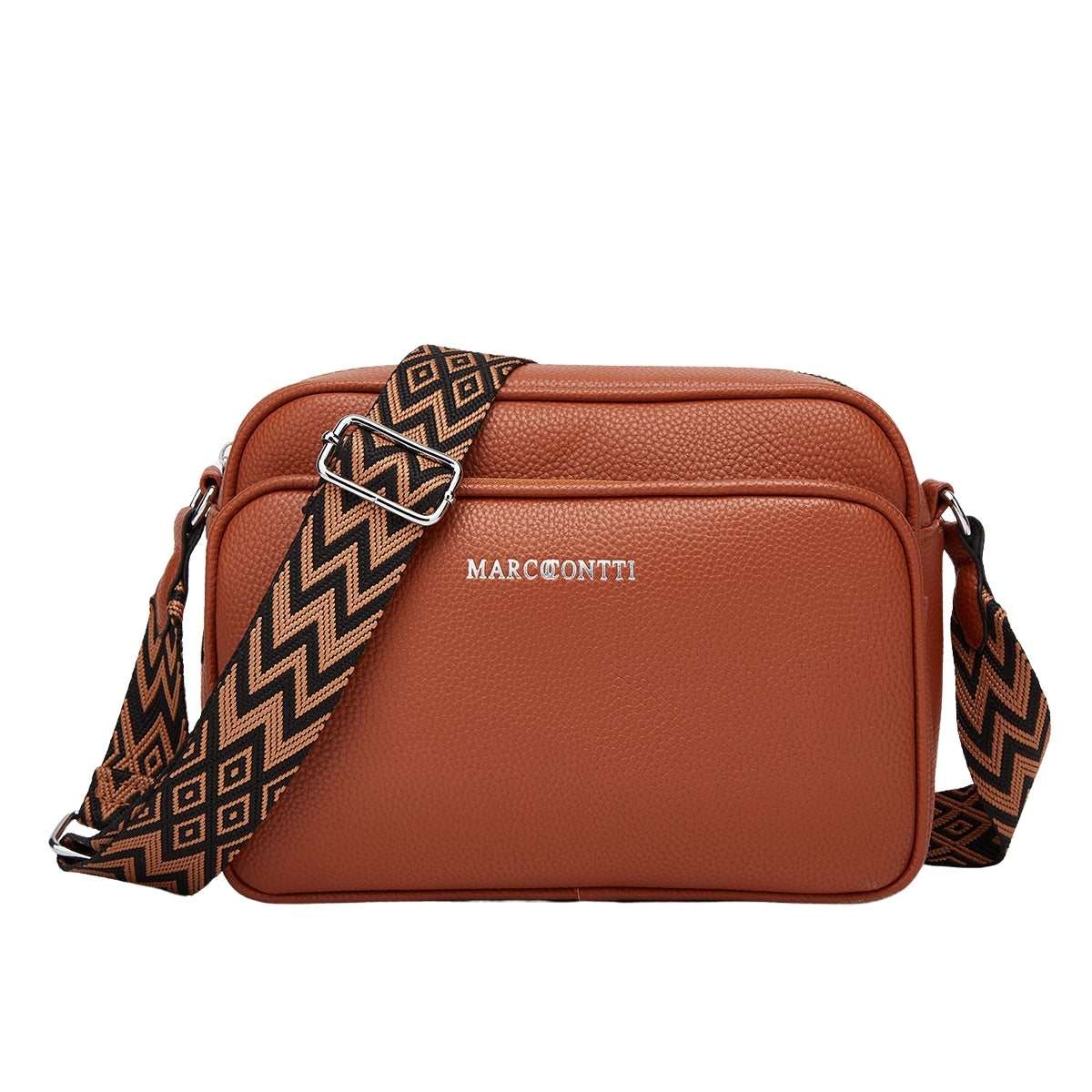 Sac à bandoulière en cuir marron avec sangle à motifs géométriques noirs et marron, logo "Marc Contti" en métal argenté, mode femme élégante.