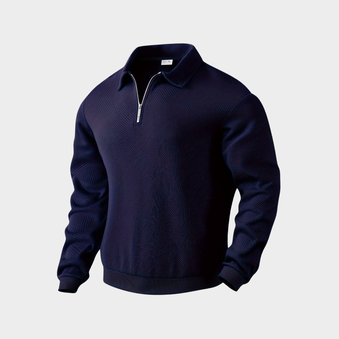 Pull-over bleu marine à col zippé, manches longues, texture en maille. Vêtement élégant pour homme, idéal pour l'automne et l'hiver.