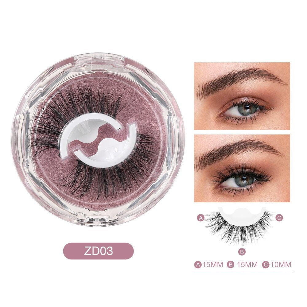 Faux cils ZD03 en boîte ronde, longueur 15mm, avec photos d'application sur yeux maquillés. Accessoire beauté pour regard intense et volumineux.