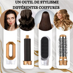 Outil de coiffure multifonctionnel avec accessoires interchangeables pour lisser, boucler et volumiser les cheveux, idéal pour divers styles.